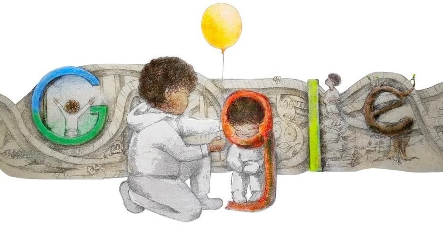 Ilustración dibujada de dos personas que se consuelan mutuamente frente al logotipo de Google.