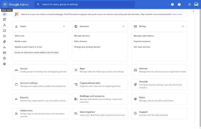 Easily navigate through the Admin console using the updated left-hand navigation bar