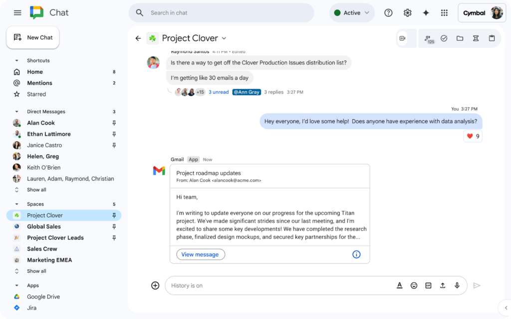 Send or forward any email to your spaces in Google Chat.