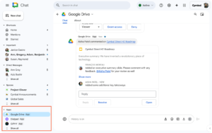 Find the tools you use most (Canva, GIPHY, Drive, Git Hub, and more) in the new section dedicated to Google Chat apps.