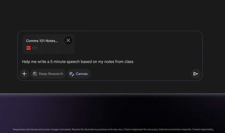 Interface for Gemini's new Canvas feature, prompting you to create a 5-minute speech based on a PDF document.