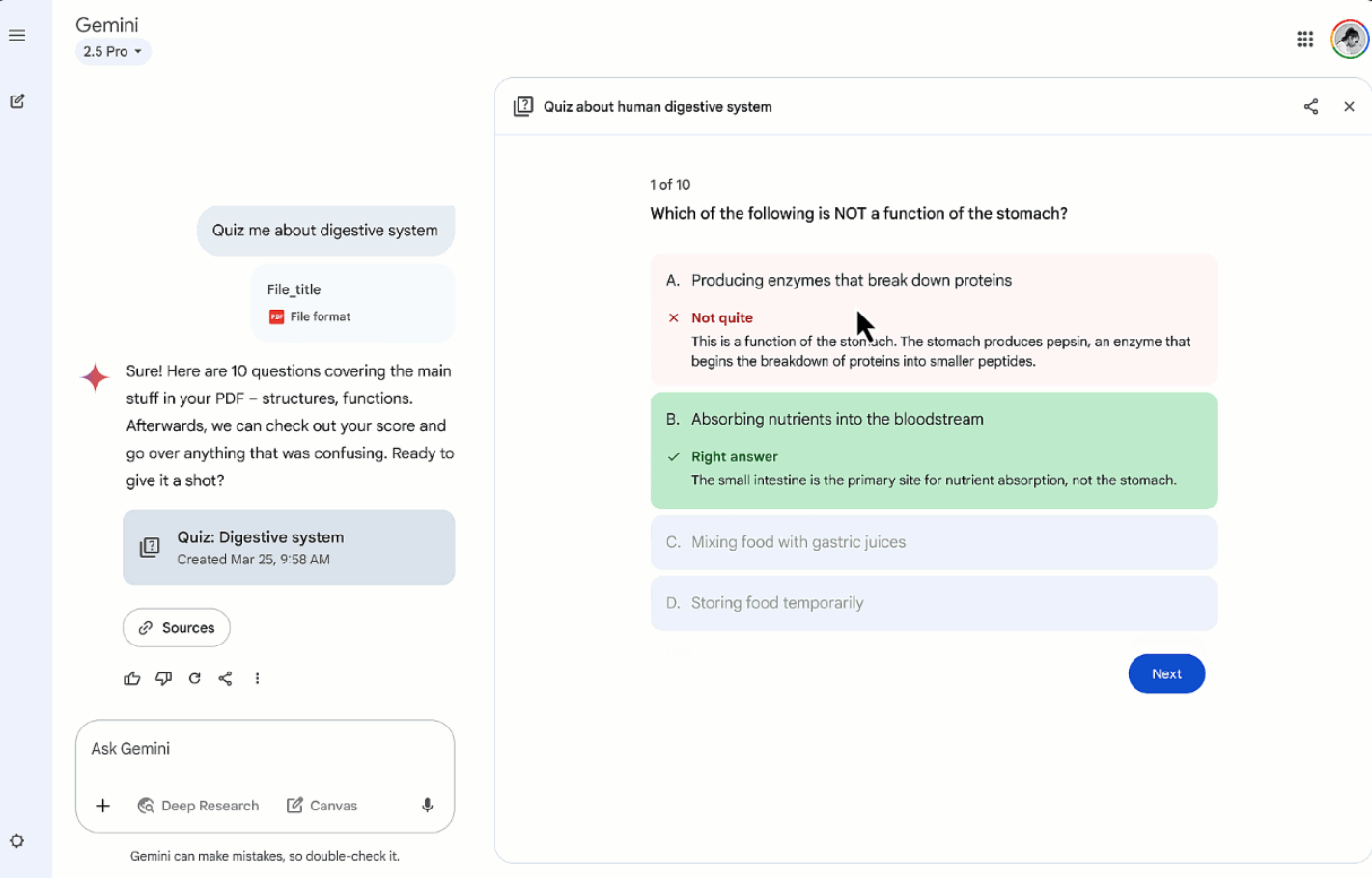 Custom quizzes on Gemini Canvas