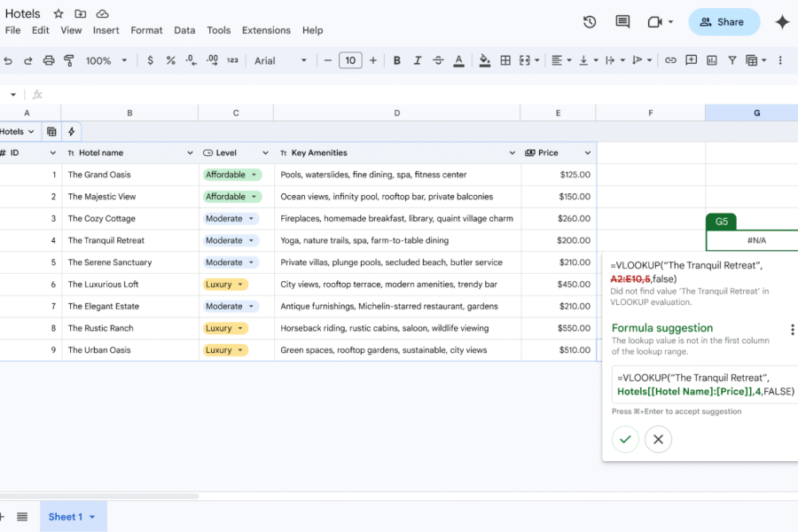 Table in Google Sheets showing a formula error and how the Google interface suggests different correction options.