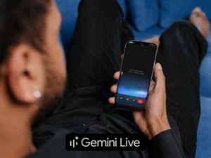 A person using their mobile device to log into the Gemini Live app and begin English practice.