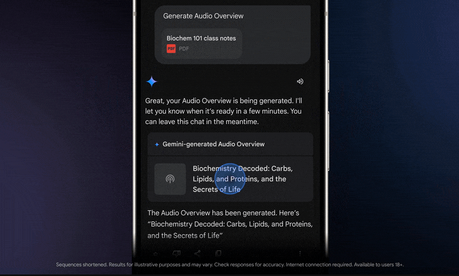 A mobile phone showing how Gemini can generate a podcast just by sharing a few files.