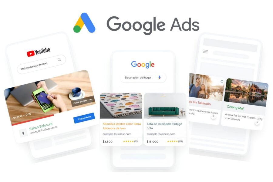 3 examples of Google Ads displayed on a mobile device: 1. YouTube campaign, 2. Search campaign, and 3. Display campaign.