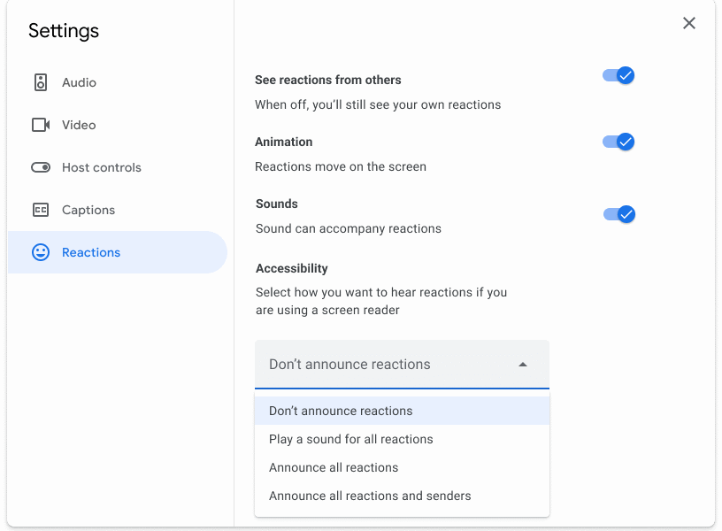 Screen reader settings interface in Google Meet to enable accessibility options in meetings.