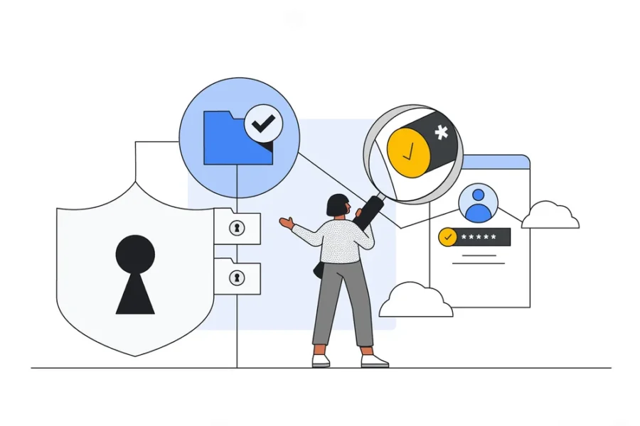 Cartoon showing the high level of security that Google Workspace offers on every device that uses its applications such as Gmail, Google Docs, and Google Slides.