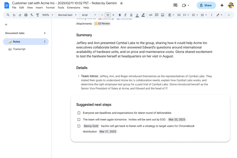 Google document generated by Gemini after a Google Meet meeting with the "Take notes for me" option enabled. It shows the meeting details and next steps.