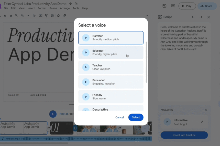 Google Vids interface showing the new AI-generated Voiceover options.
