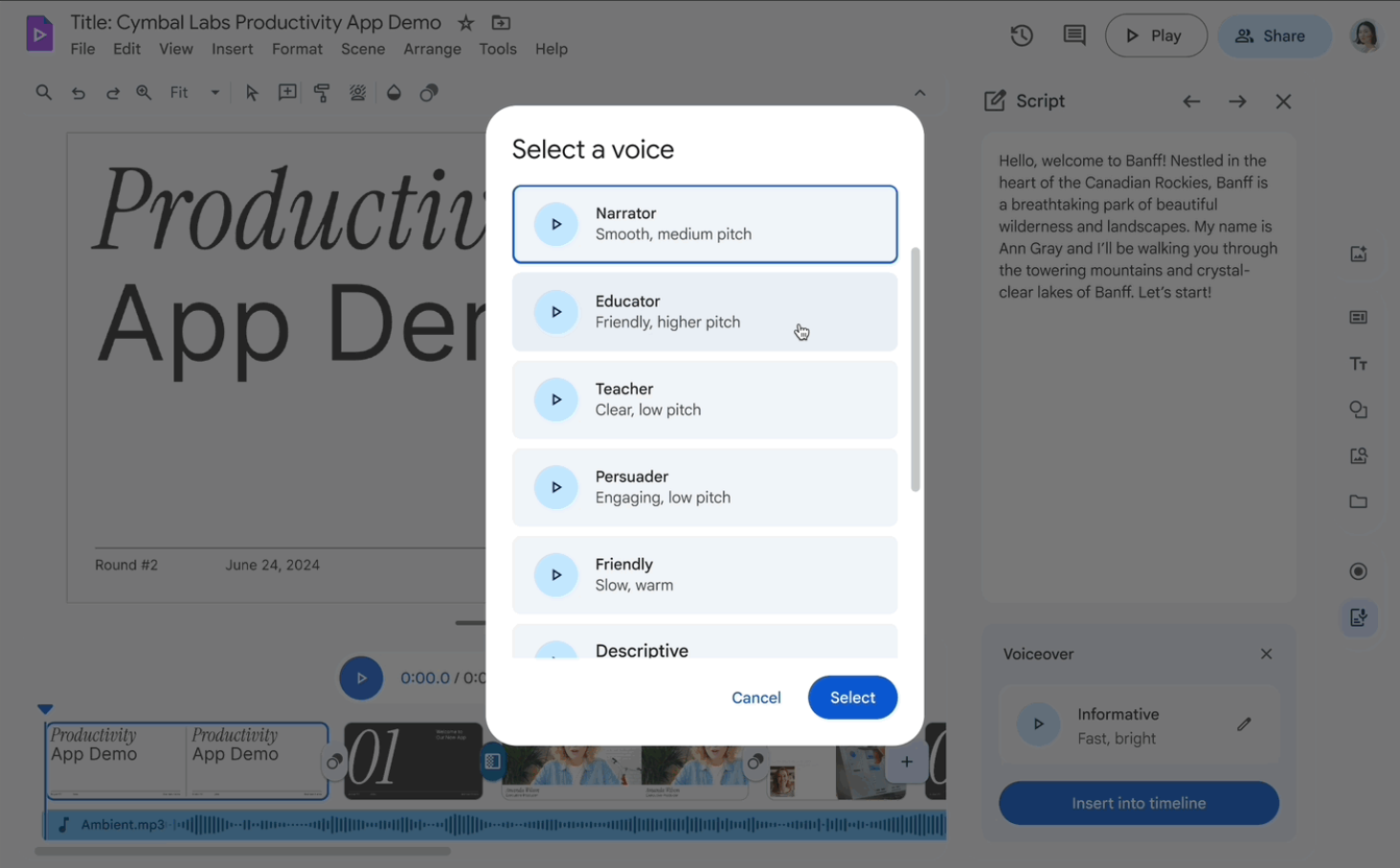 More expressive voiceovers on Google Vids