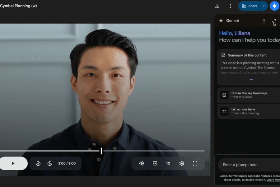 Gemini in the Google Drive sidebar summarizing a video.