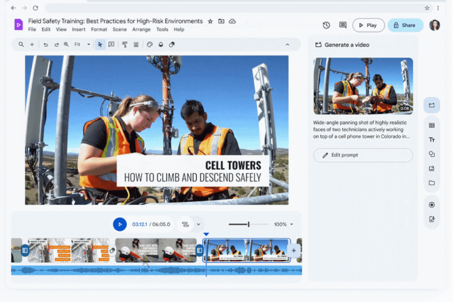 Clip generated with the help of Veo 3 from Google Vids of two technicians working on a communication tower.