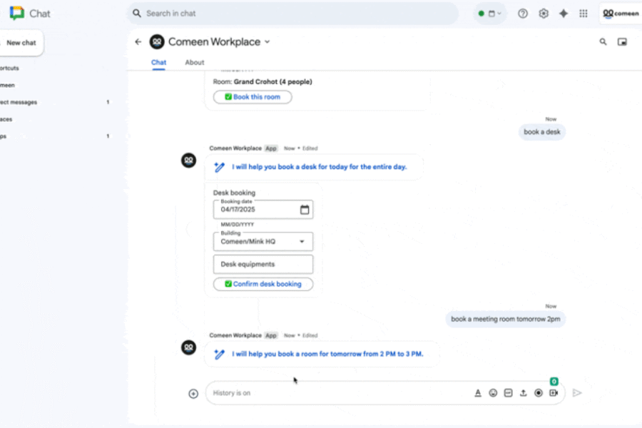Learn about Comeen's integration with Google Chat. This app streamlines hybrid work management and helps your employees be more productive in a simple way.