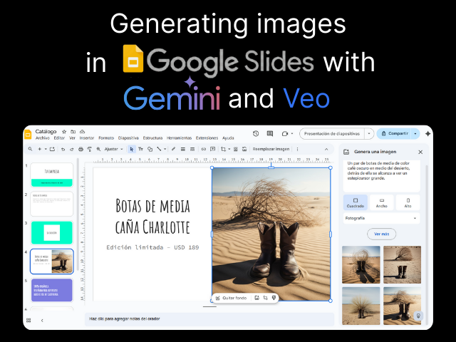 Generating images in Google Slides with Gemini and Veo.