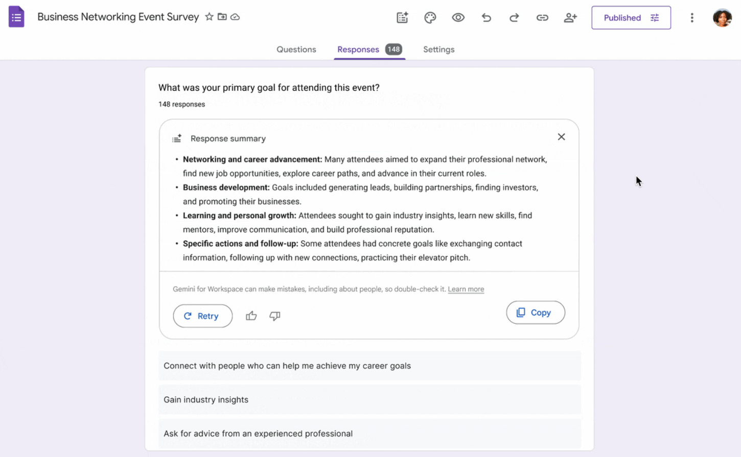 Summaries in Google Forms with Gemini