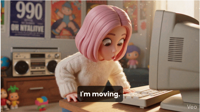 3D animated avatar with pink hair in front of a computer with the text "I'm moving," used as an example of AI improvements in Google Vids.