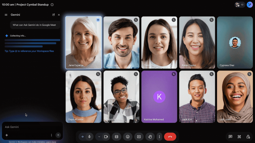 Google Meet grid interface with ten participants. A dialog box opens on the left side allowing you to use the "Ask Gemini" feature.