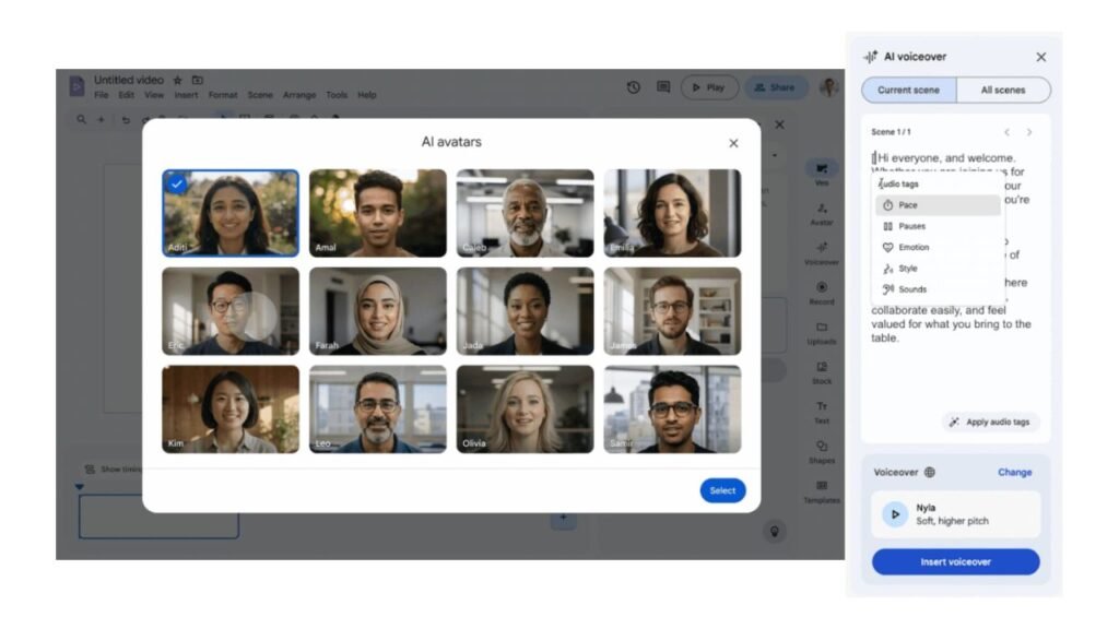 Google Vids interface showing the configuration of text-to-speech tags and avatar selection.