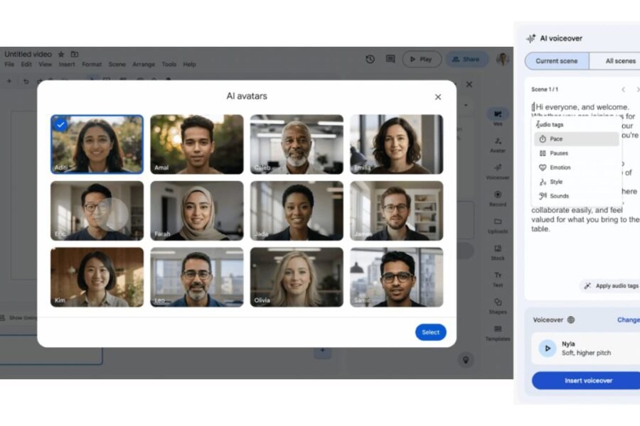 Google Vids interface showing the configuration of text-to-speech tags and avatar selection.