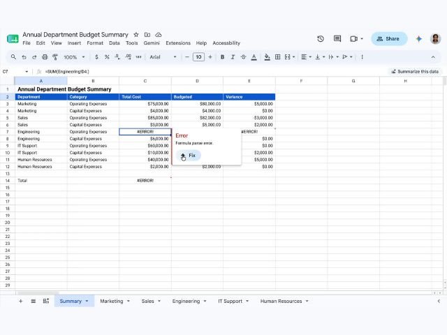 Discover the new Google Workspace feature: Gemini now identifies and fixes formula errors in Google Sheets.