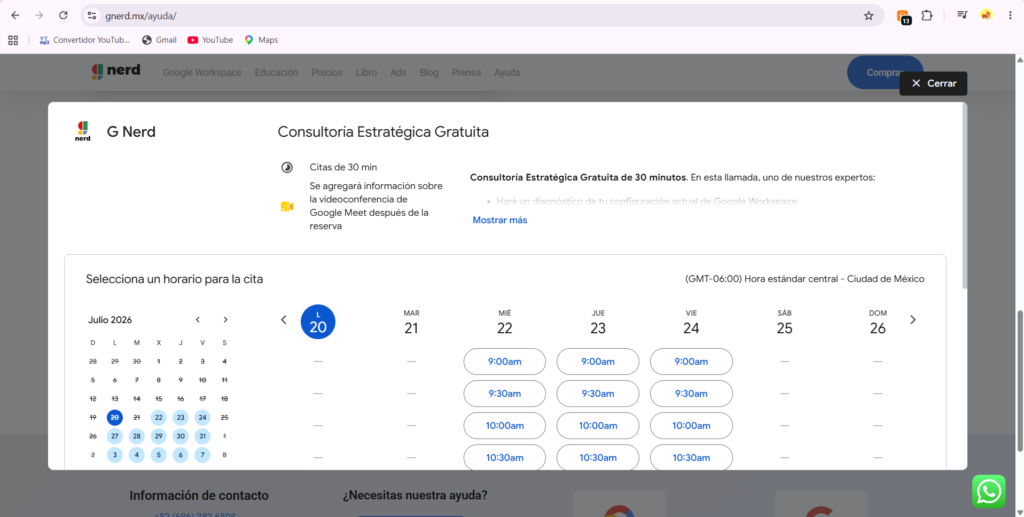 Google Calendar embedded in a webpage where you can schedule a consultation.