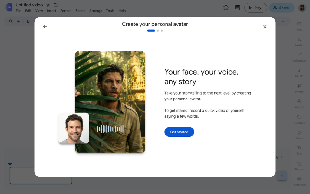 A pop-up window in Google Vids titled "Create your personal avatar," featuring a blue button to start recording a personalized video avatar.