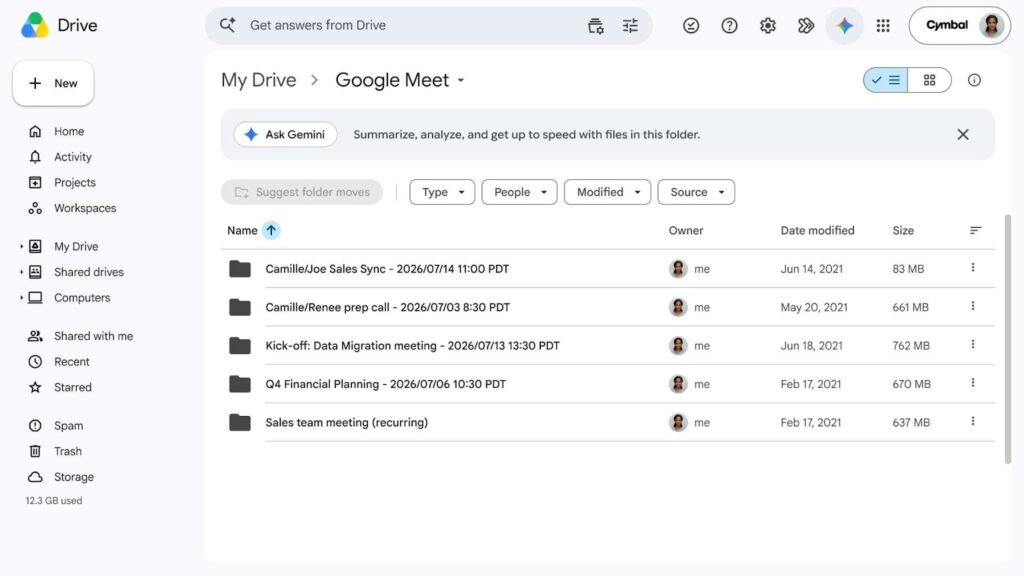 Google Drive interface open to the Google Meet section, showing a list of automatically created subfolders named with the details—including name, date, and time—of various meetings, such as "Camille/Joe Sales Sync" and "Q4 Financial Planning," alongside a banner for Gemini assistance.