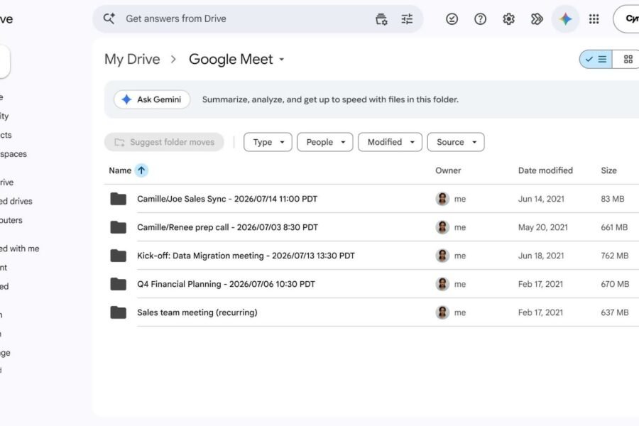 Google Drive interface open to the Google Meet section, showing a list of automatically created subfolders named with the details—including name, date, and time—of various meetings, such as "Camille/Joe Sales Sync" and "Q4 Financial Planning," alongside a banner for Gemini assistance.