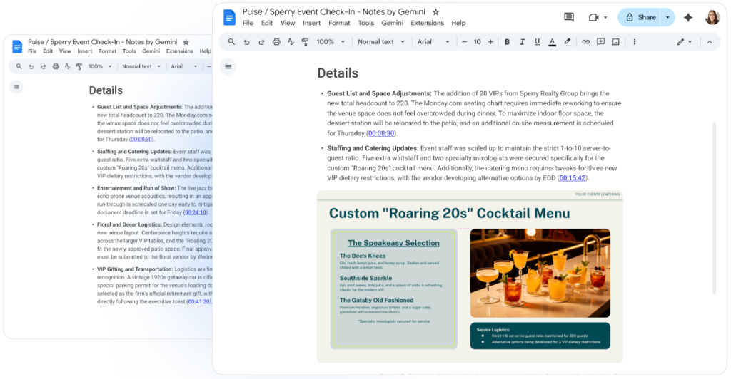 Example of meeting minutes in Google Docs created using Google Meet’s "Take notes for me," showing key meeting points and slide images automatically captured by Gemini.