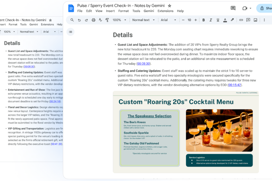 Example of meeting minutes in Google Docs created using Google Meet’s "Take notes for me," showing key meeting points and slide images automatically captured by Gemini.
