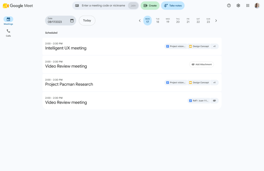 Google Meet web interface showing a list of scheduled meetings and the highlighted "Take notes" button at the top, used to activate AI-powered automated note-taking during in-person meetings.