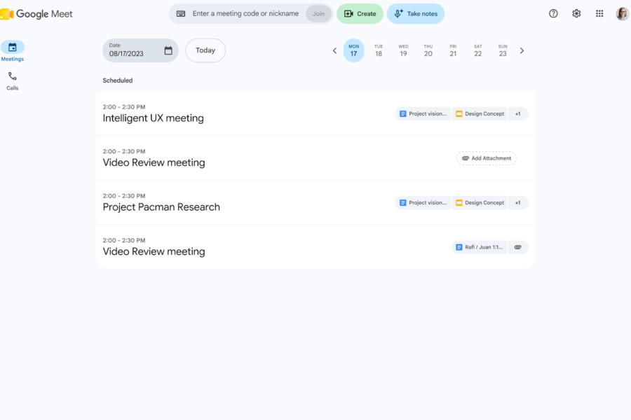 Google Meet web interface showing a list of scheduled meetings and the highlighted "Take notes" button at the top, used to activate AI-powered automated note-taking during in-person meetings.