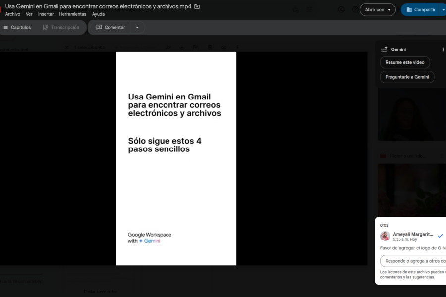 Google Drive video player interface showing the new timestamped commenting feature. Highlighted in the bottom right corner is a comment made at the 0:02 mark by a user requesting specific changes to the video.