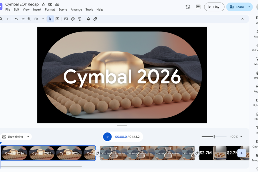 Google Vids web editing interface showing a video project titled "Cymbal EOY Recap," featuring the cover image "Cymbal 2026," a scene timeline, and a sidebar menu of resources for creating audiovisual recaps.