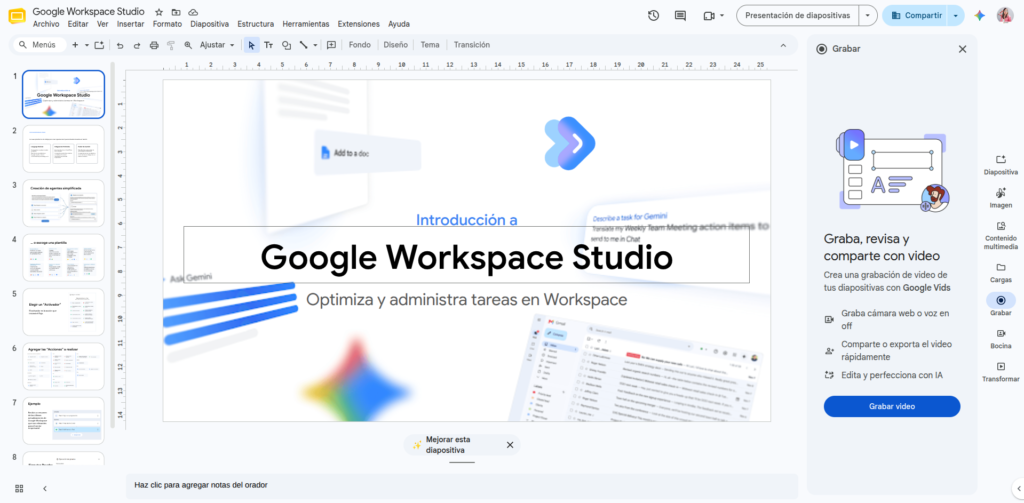 Google Slides interface showing the integration of the Google Vids side panel for recording a presentation with video or voice.
