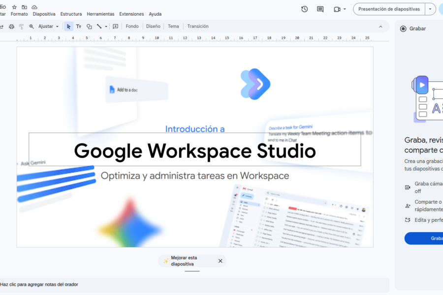 Google Slides interface showing the integration of the Google Vids side panel for recording a presentation with video or voice.