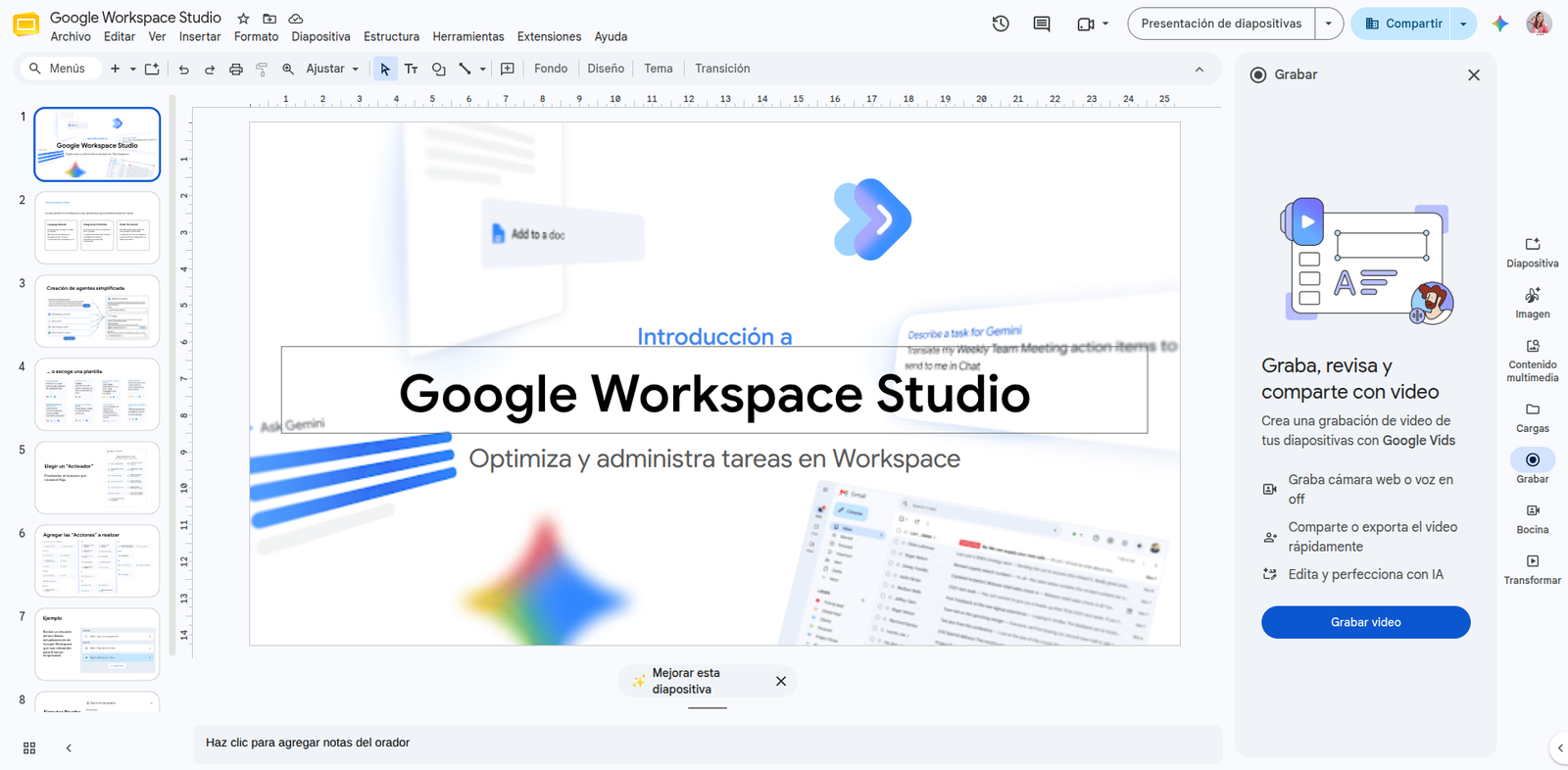 Google Slides integrates with Google Vids to record presentations
