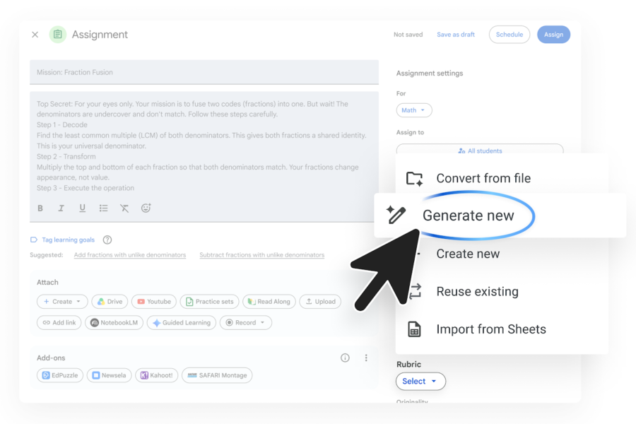 Creation of a Google Classroom assignment with the rubric drop-down menu open, showing a cursor hovering over the "Generate new" function, which is highlighted with a wand or pencil icon.