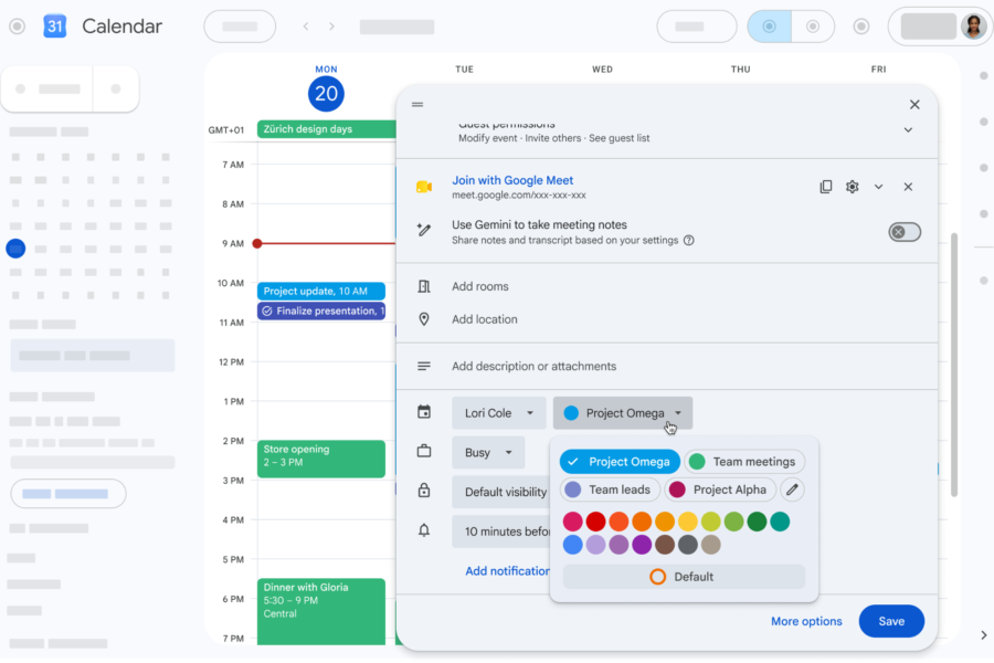 Google Calendar interface showing the color customization of an event.