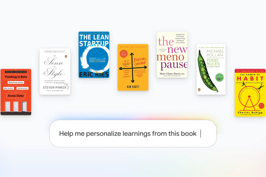 Gemini Notebook interface showing Google Play Books covers and an interaction bar for personalizing learning with artificial intelligence.