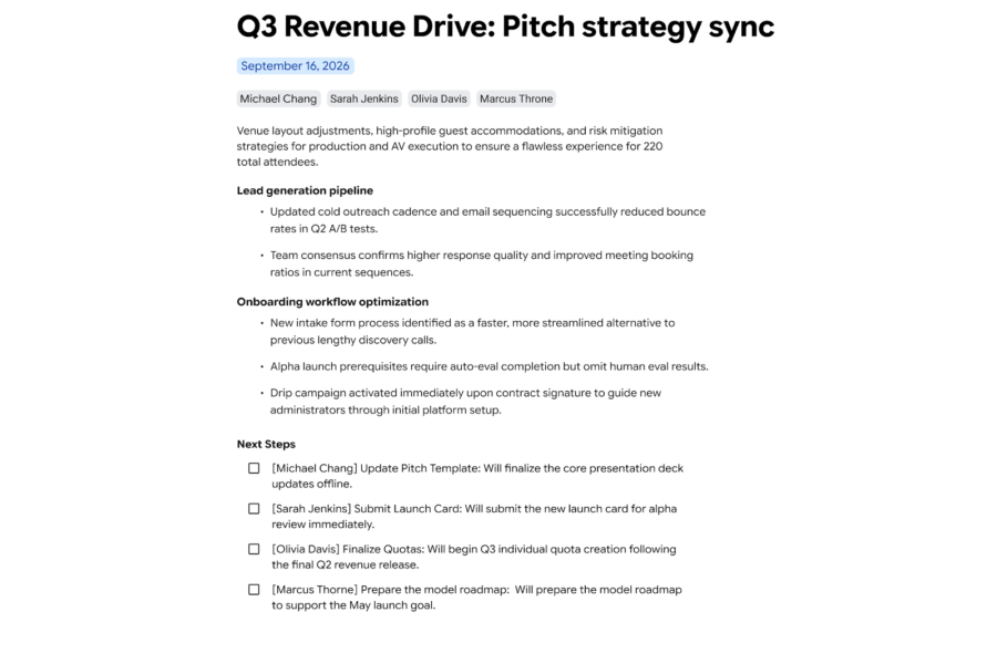A Google Doc showing quick notes created by Gemini that summarize the key points of a Q3 sales strategy meeting held on Google Meet.